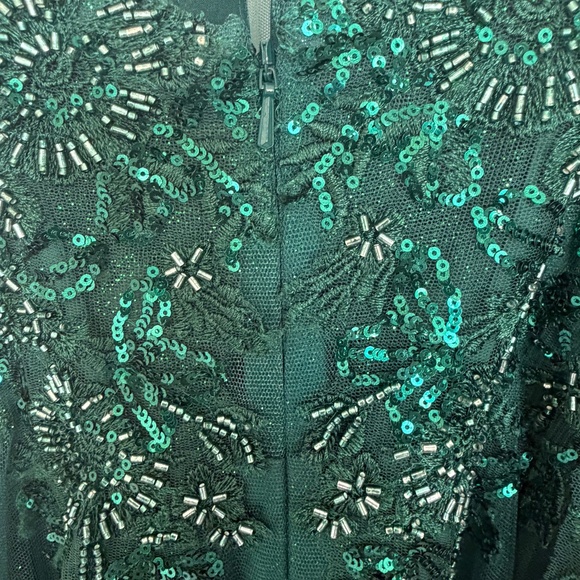 David's Bridal Jules & Cleo Emerald Green Beaded Floral Glitter Tulle Gown - Picture 5 of 7